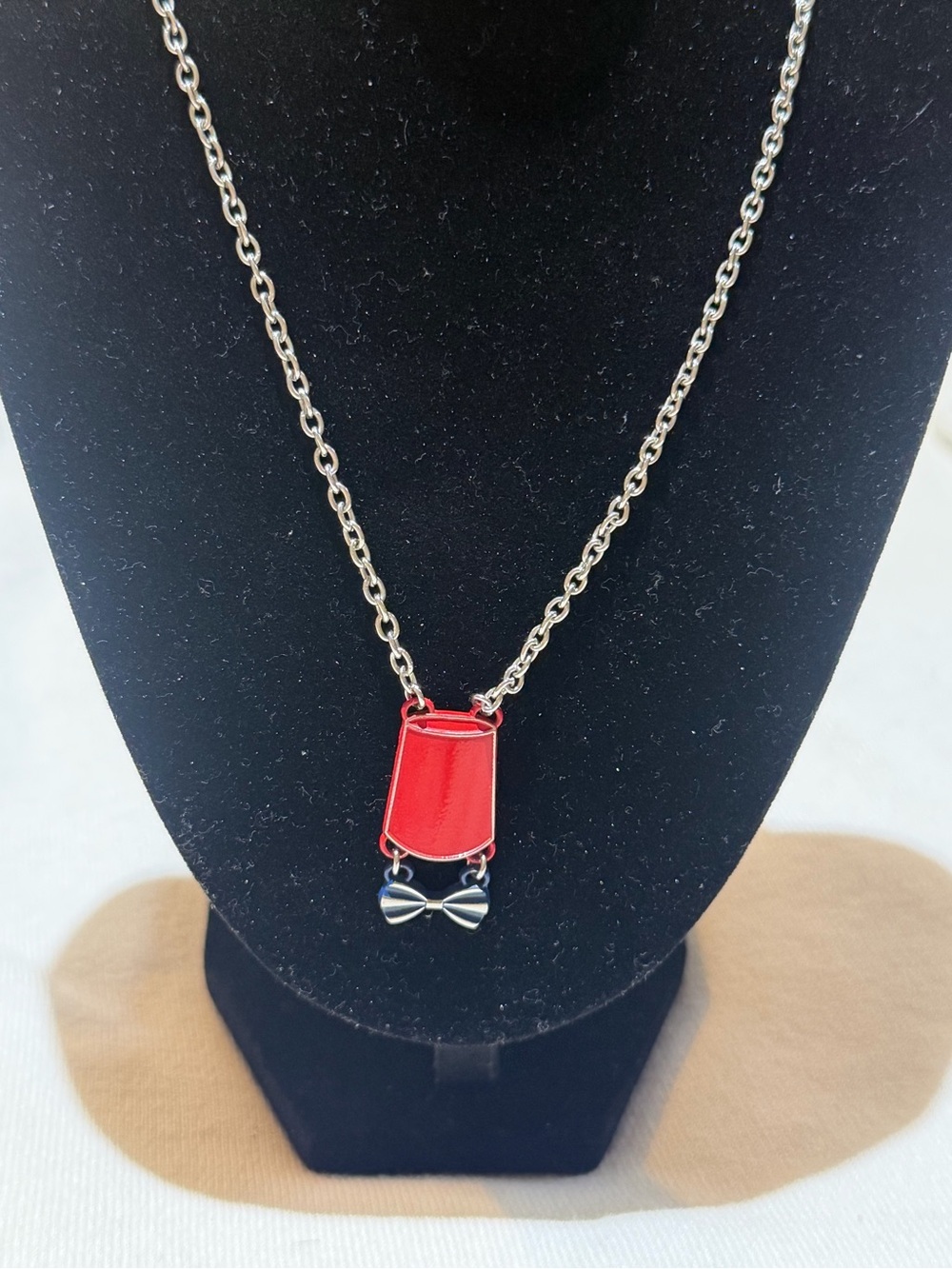 Red Enamel Apron Pendant Necklace with Bow Accent - Women Jewelry
